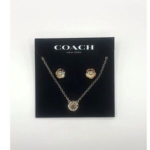 Coach Open Circle Necklace Tea Rose Stud Earrings Set NWT